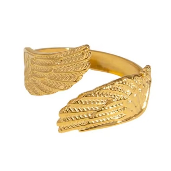 Stainless Steel Gold Toned Irregular Texture Wings Adjustable Size Ring (R17) - Picture 6 of 9
